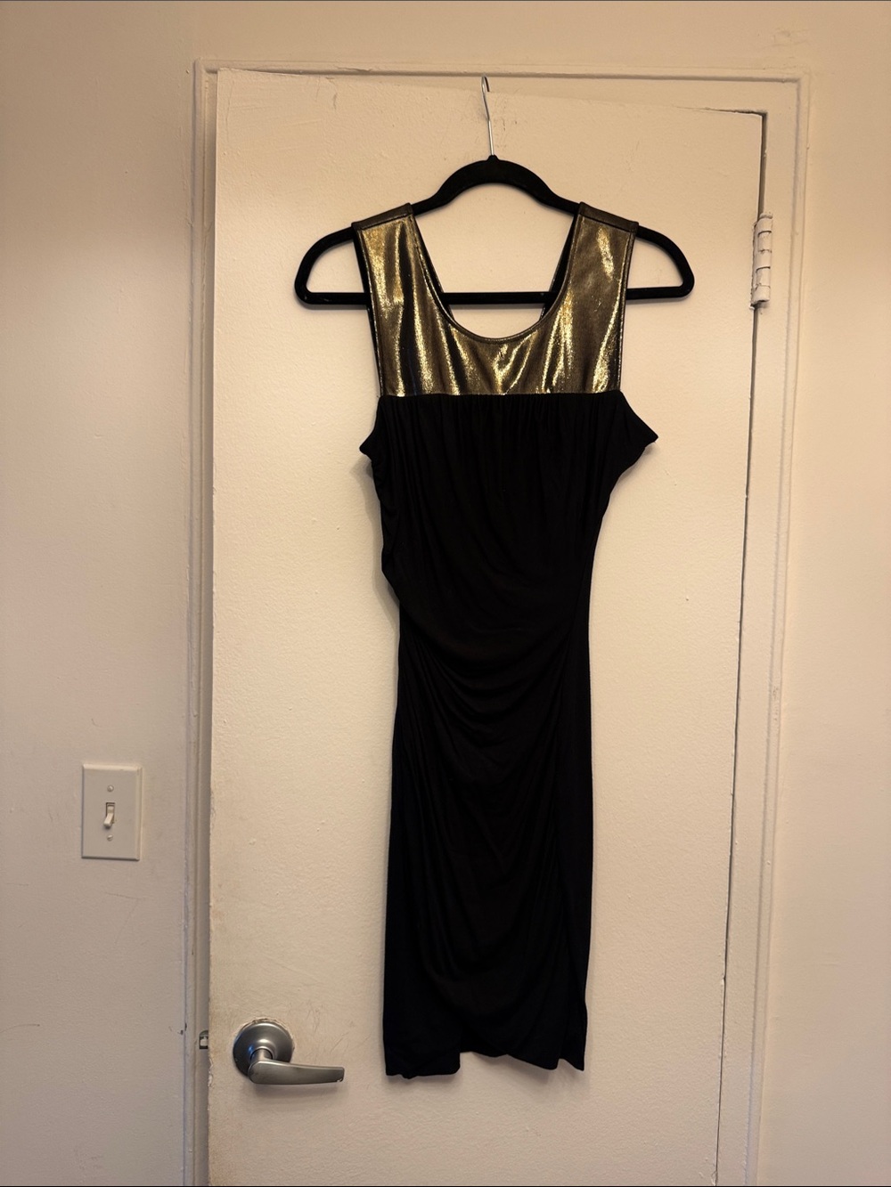 Tracy Reese Black Midi Dress with Metallic Gold Yoke